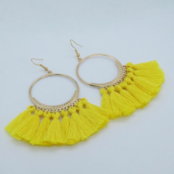 Francesca's Boho Mustard Yellow Tassel Hoop Earrings - Picture 3 of 4